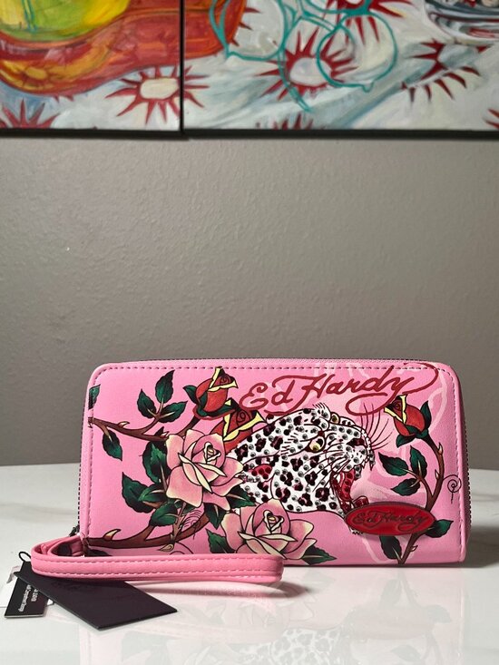 Ed Hardy Handbags - Ed Hardy Pink Leopard & Rose Tattoo Rhinestone Zip Around Wallet Wristlet